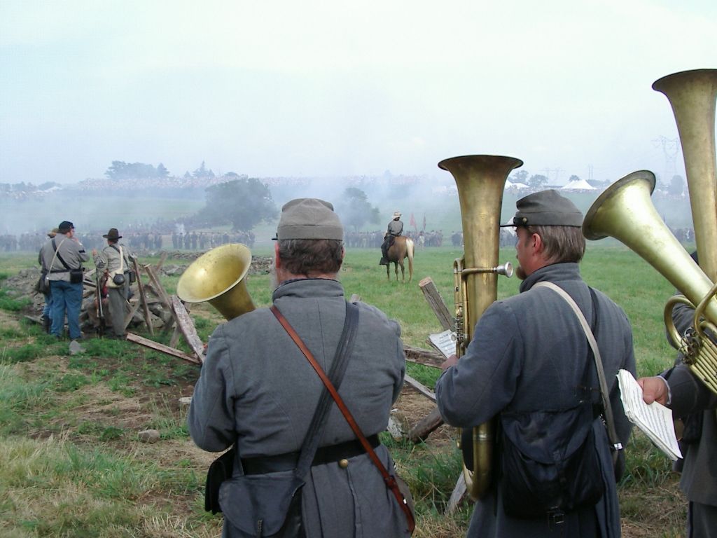 The Federal City Brass Band portraying the 26th North Carolina Regimental Band during a Civil War battle reenactment.