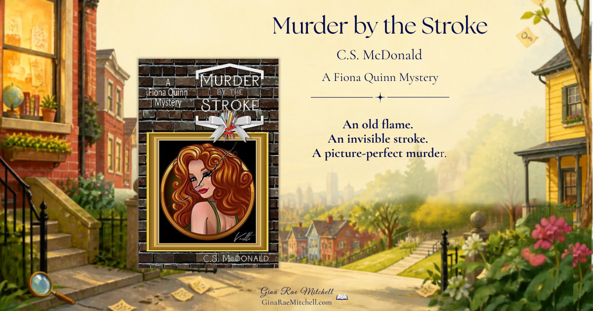 Murder by the Stroke book review banner with the book cover against a cozy Pittsburgh neighborhood