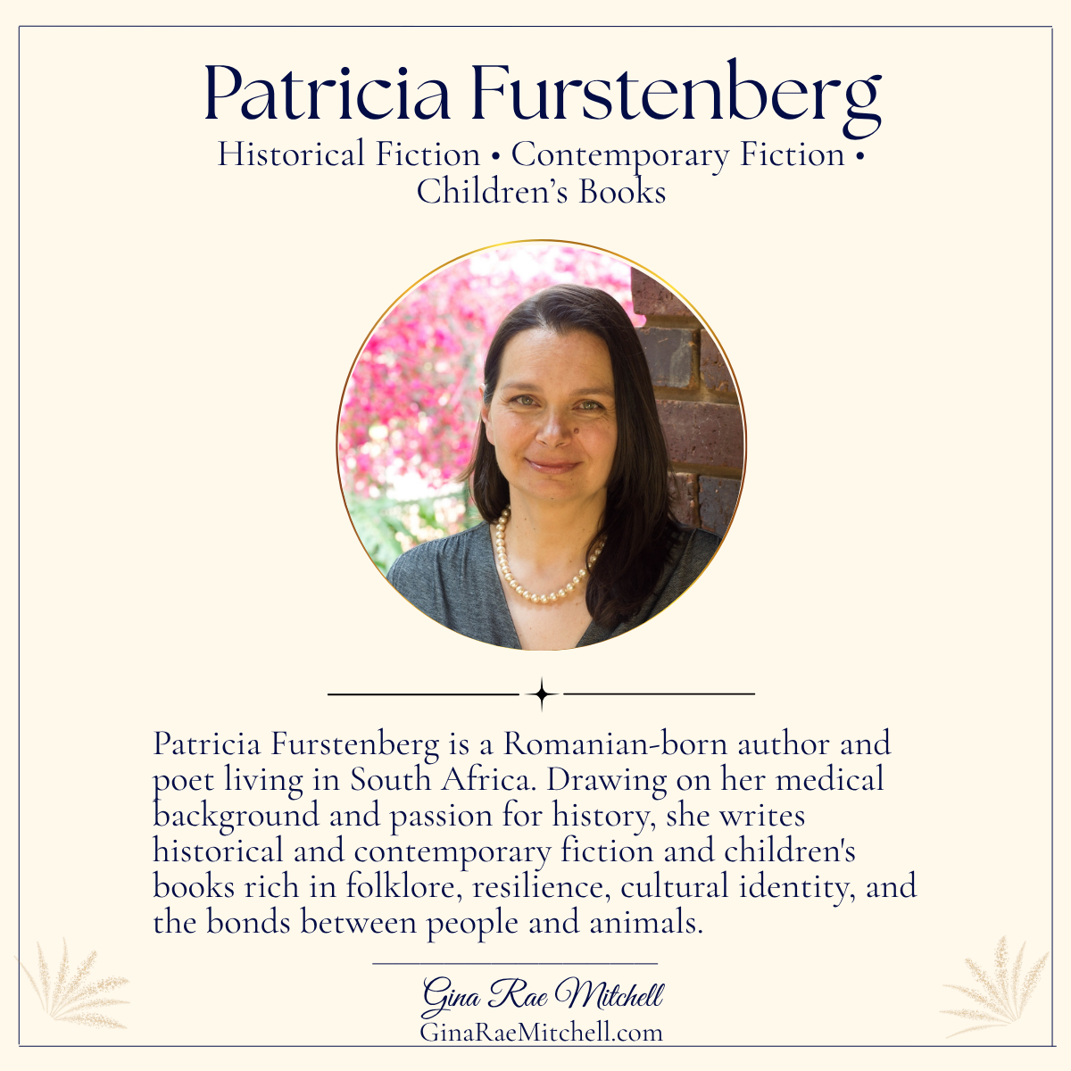 Portrait of author Patricia Furstenberg with her genres and biography