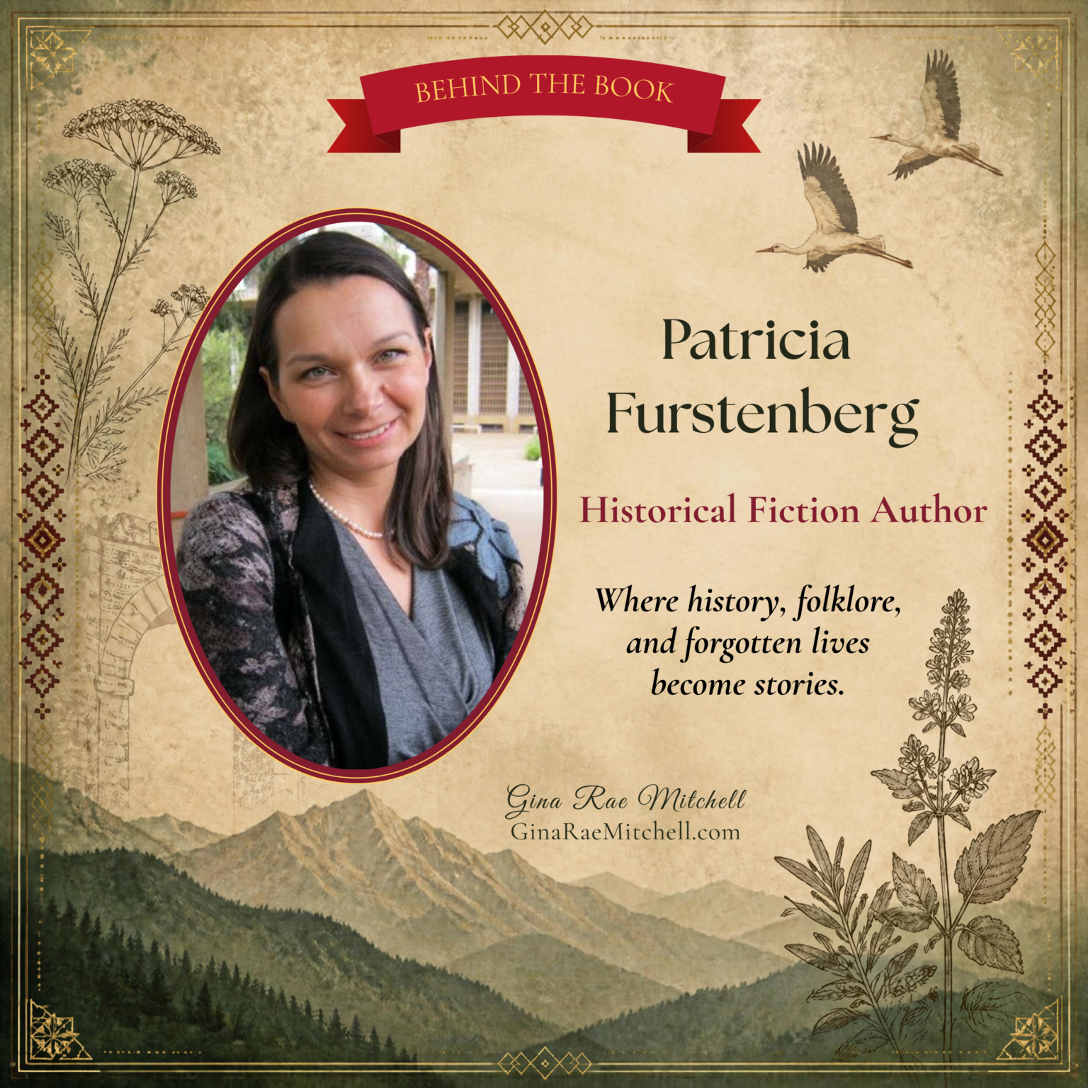 Behind the Book with Patricia Furstenberg author feature card with storks, herbs, and Carpathian mountains