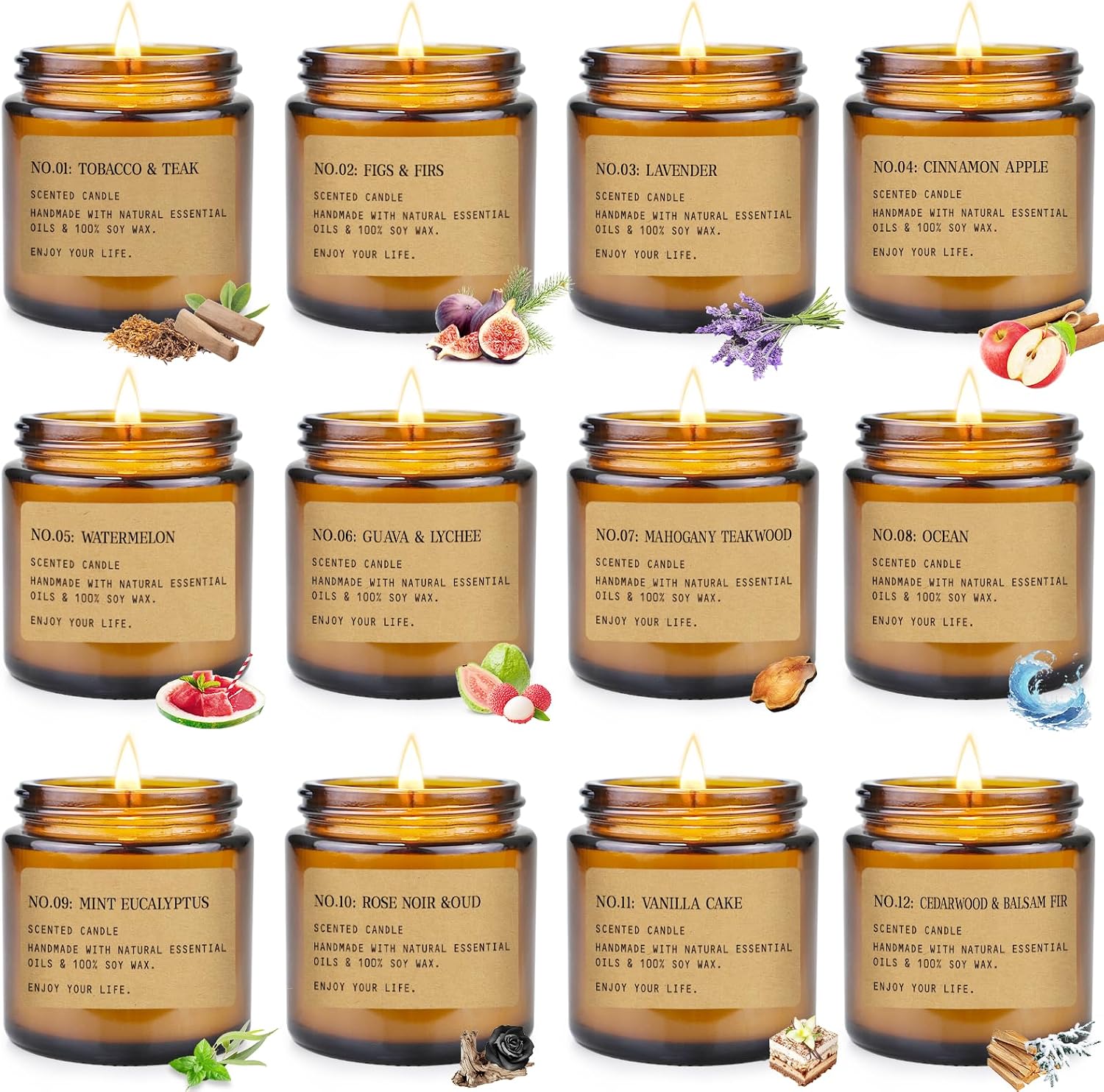 Twelve lit amber jar candles in assorted scents, including tobacco and teak, figs and fir, lavender, cinnamon apple, mahogany teakwood, vanilla cake, and cedarwood balsam fir