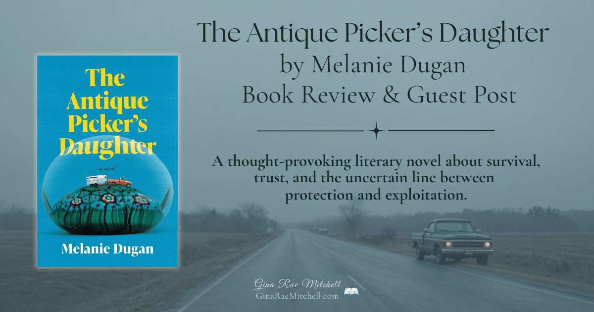Book review banner for The Antique Picker's Daughter by Melanie Dugan with the book cover and a pickup truck on a misty rural road