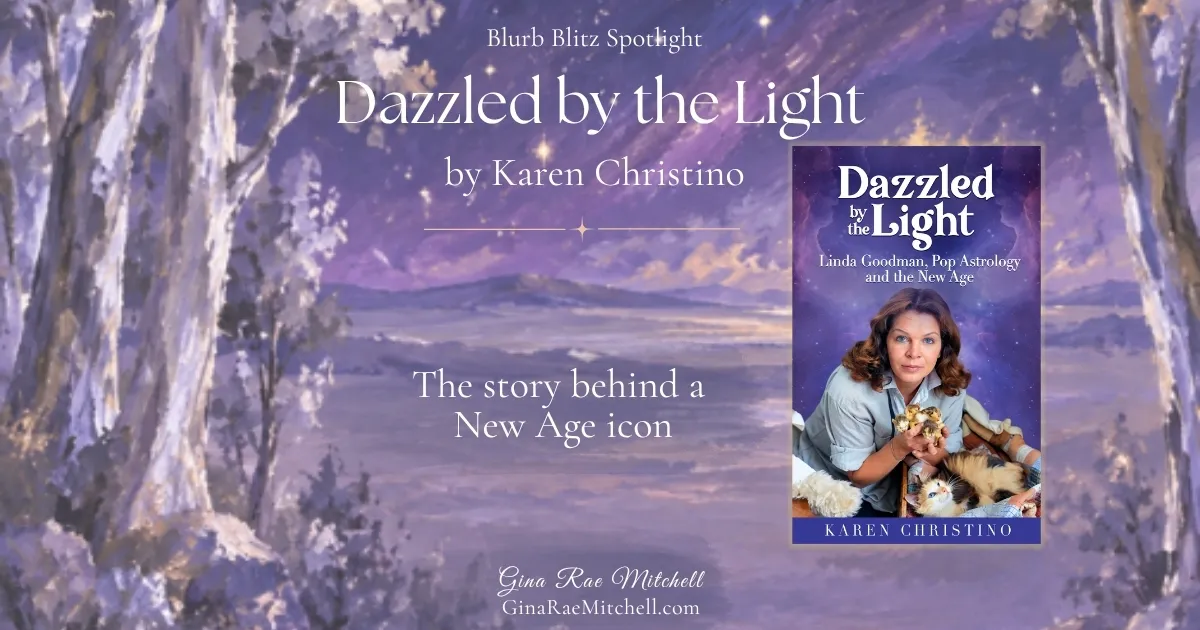 Dazzled by the Light by Karen Christino book cover against a lavender celestial woodland background, with the text The story behind a New Age icon.
