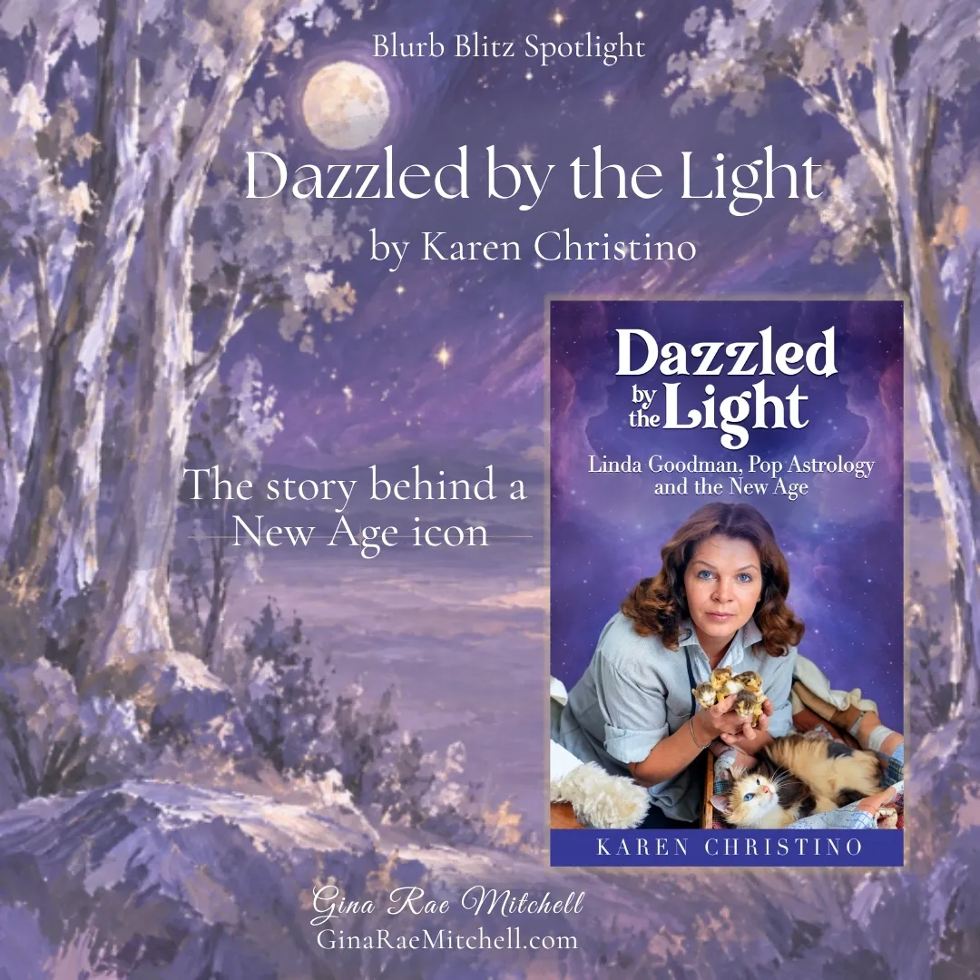 Dazzled by the Light by Karen Christino | Spotlight 4 Square promotional graphic featuring Dazzled by the Light by Karen Christino, with its book cover, a moonlit purple woodland, and a New Age icon tagline.