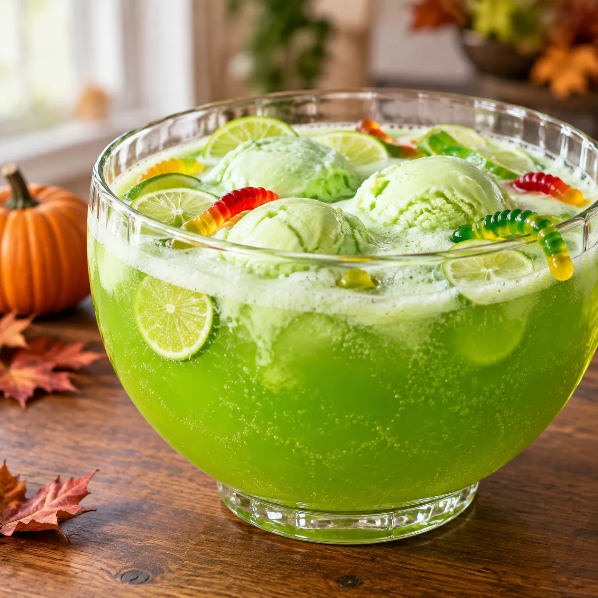 Bright green Witch's Brew punch topped with lime sherbet, lime slices, and gummy worms, with small pumpkins nearby