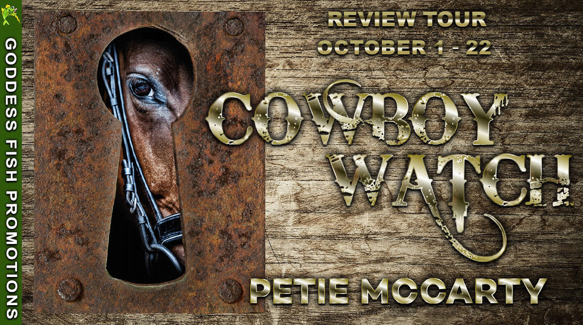 Goddess Fish Promotions landscape tour banner for Cowboy Watch by Petie McCarty, featuring a horse behind a rusty keyhole and October 1-22 review tour dates.