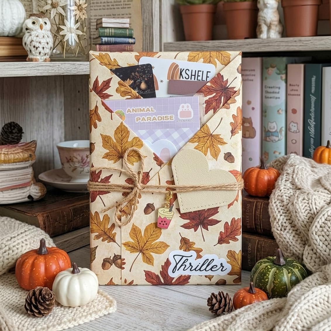 Autumn-themed Blind Date with a Book box featuring a wrapped surprise novel and cozy bookish accessories