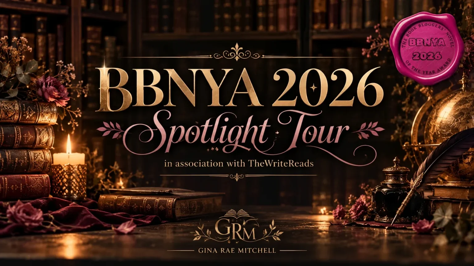 BBNYA 2026 Spotlight Tour banner featuring antique books, gold lettering, dark library shelves, and the pink BBNYA seal