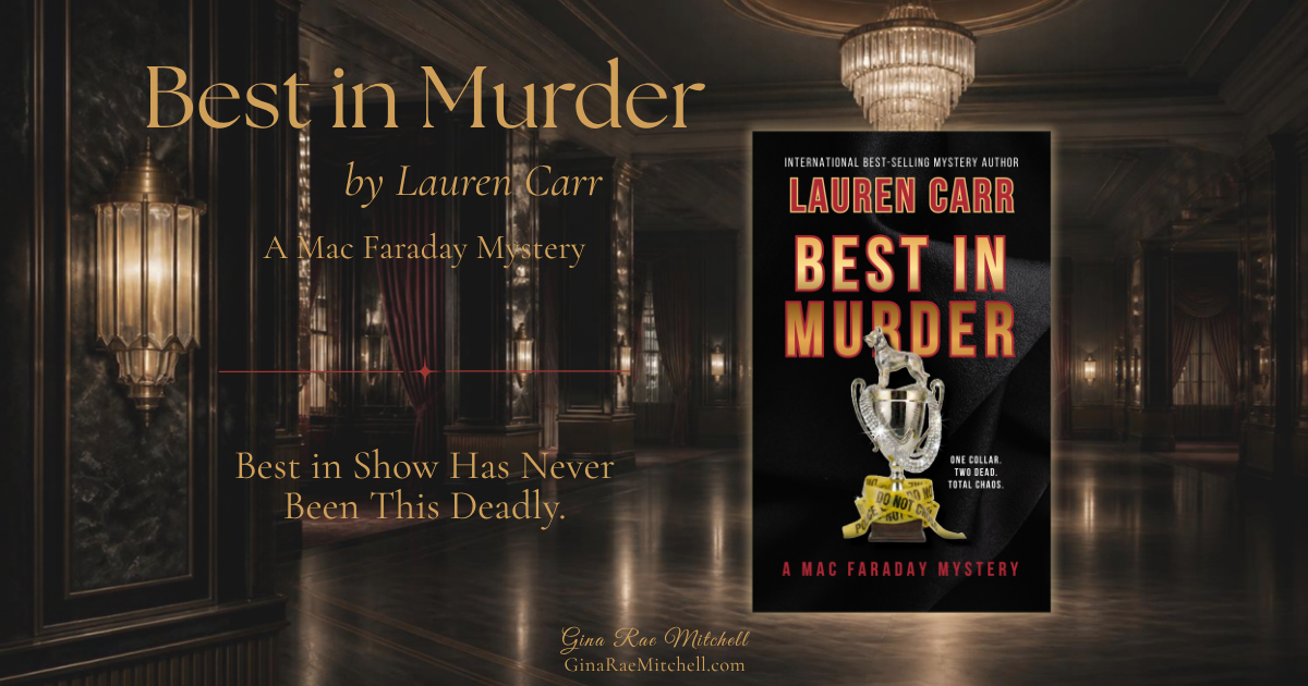 Best in Murder by Lauren Carr book review banner featuring the book cover in a moody hotel ballroom
