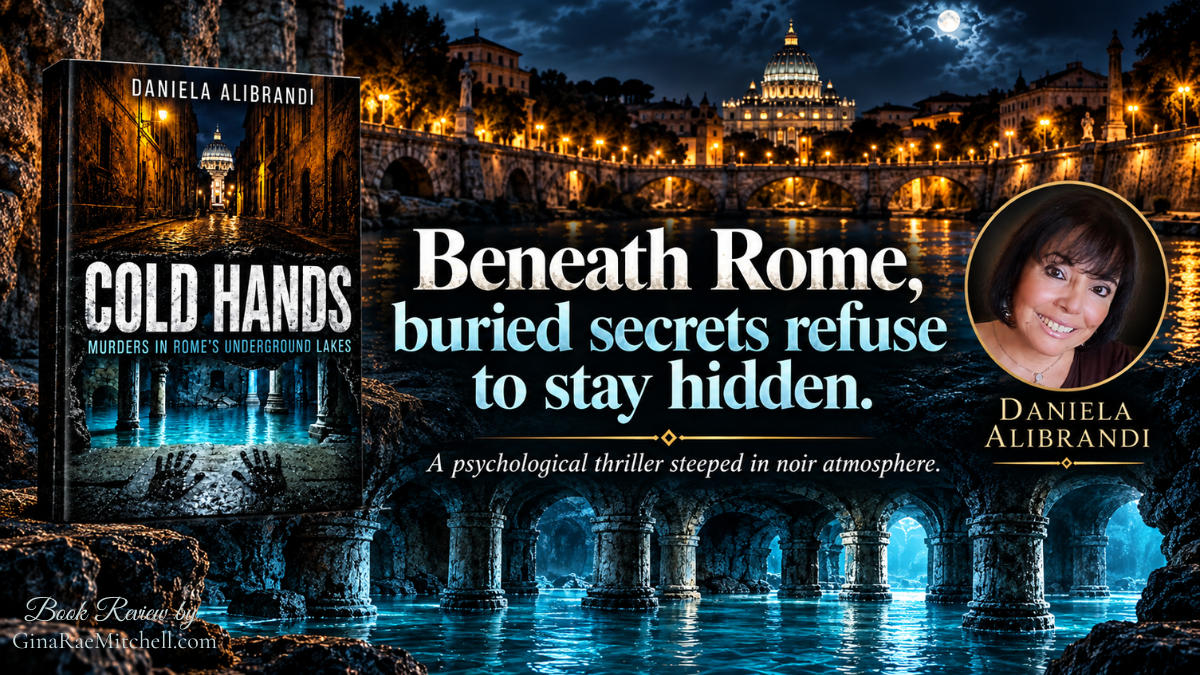 Cold Hands by Daniela Alibrandi book review banner featuring the novel cover, author portrait, nighttime Rome, and mysterious underground lakes.
