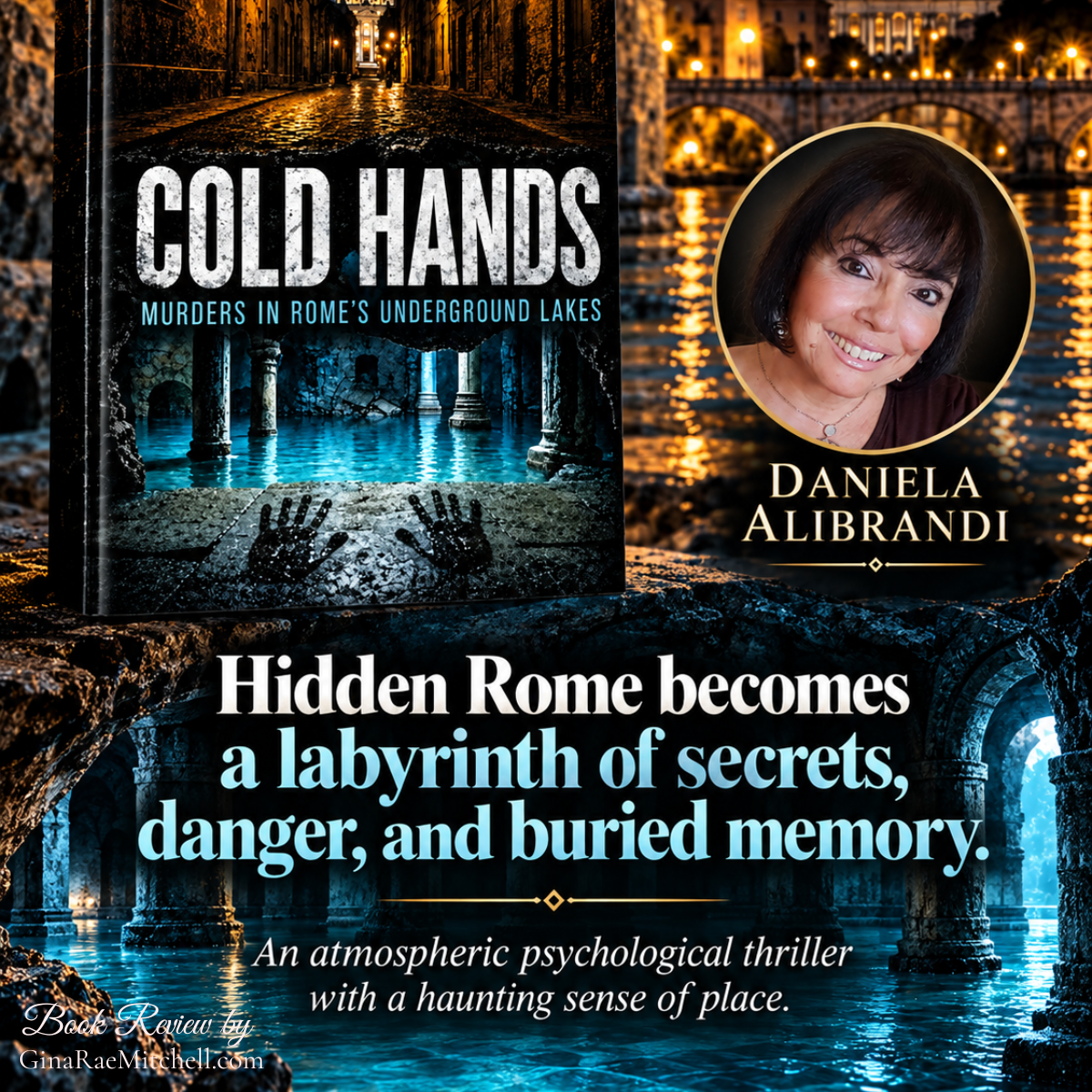 Cold Hands by Daniela Alibrandi promotional graphic featuring the book cover, author portrait, and mysterious flooded Roman passageways with a hook about hidden secrets.