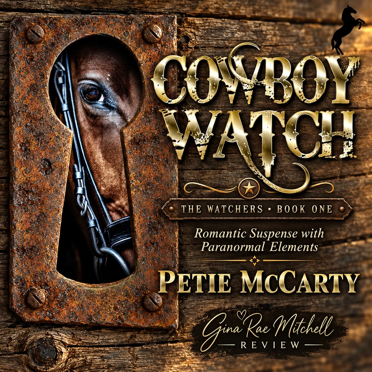 Square Cowboy Watch book review graphic featuring a horse's eye framed by a weathered metal keyhole with gold lettering.