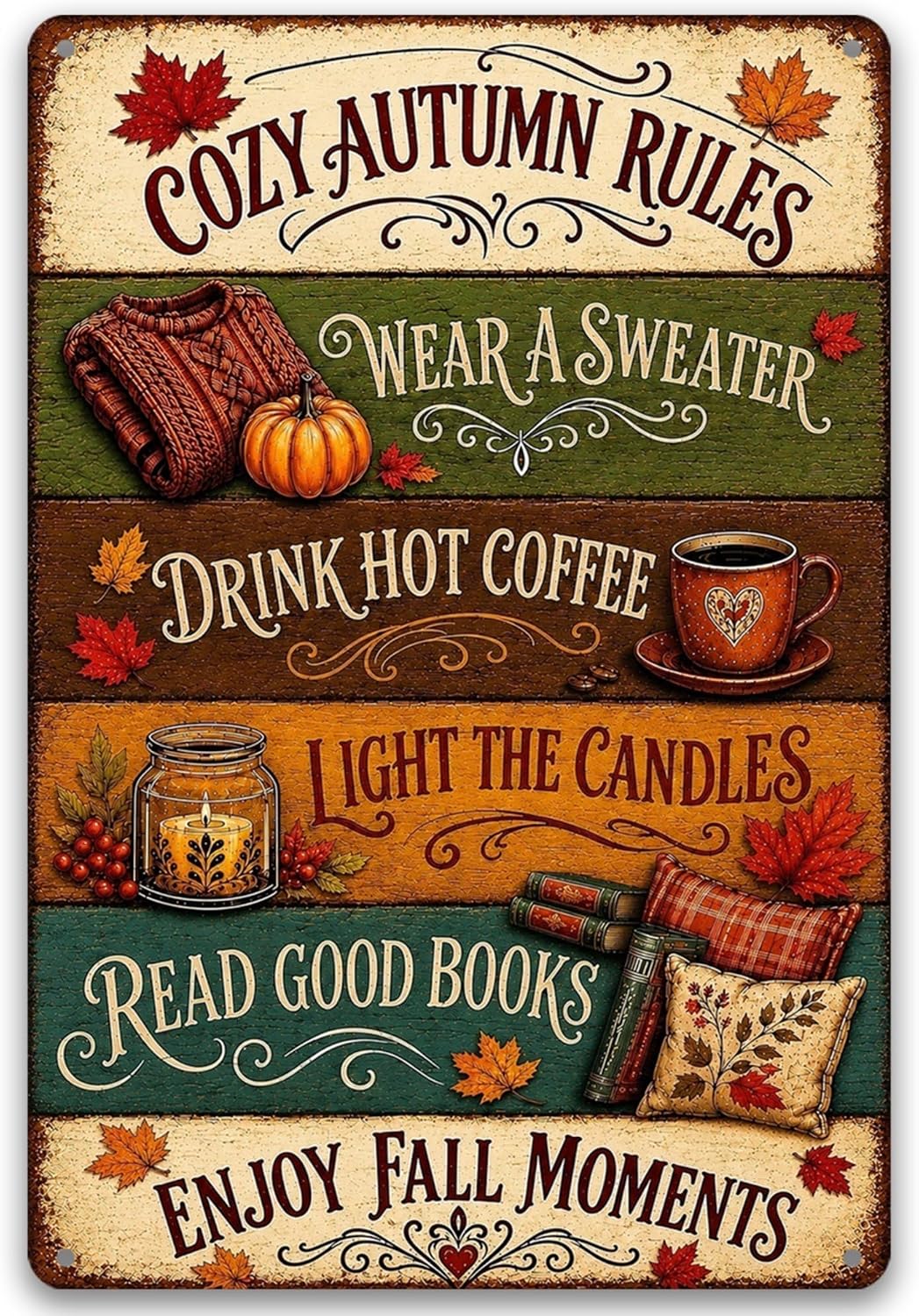 Vintage-style Cozy Autumn Rules metal sign featuring a sweater, pumpkin, coffee, candle, books, and colorful autumn leaves