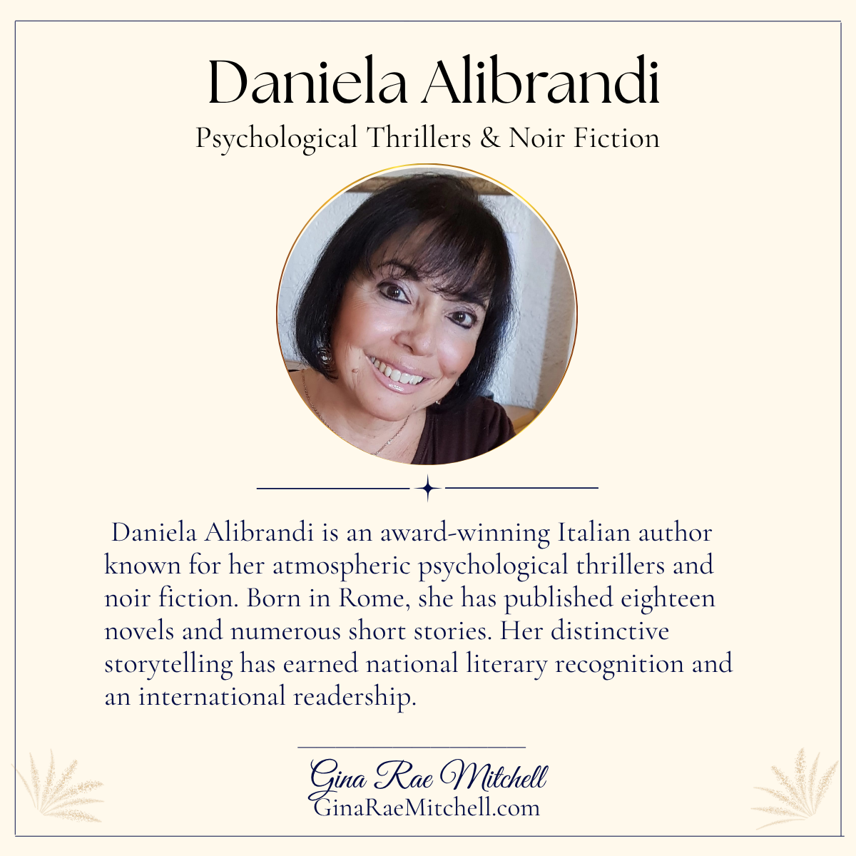 Author portrait and biography card for Daniela Alibrandi, an award-winning Italian novelist specializing in atmospheric psychological thrillers and noir fiction.