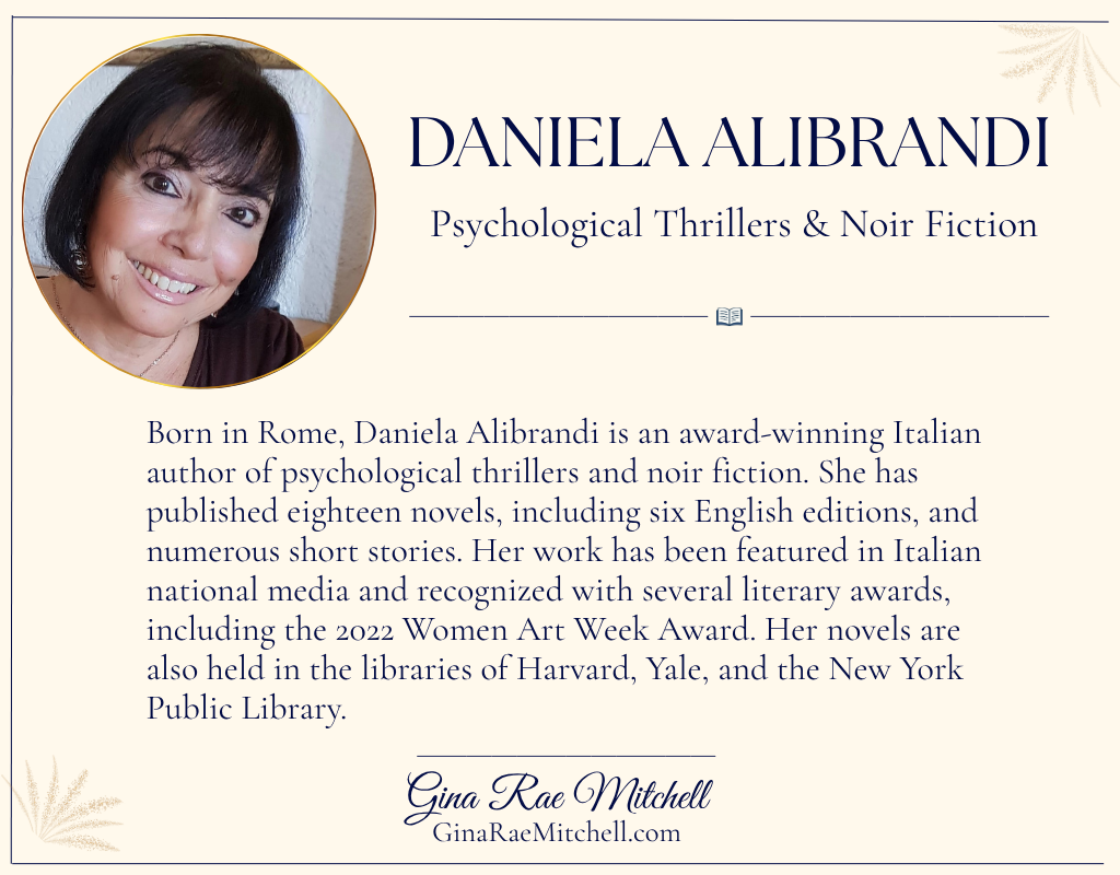 Daniela Alibrandi author biography card with her photograph and details about her psychological thrillers, noir novels, literary awards, and international recognition.