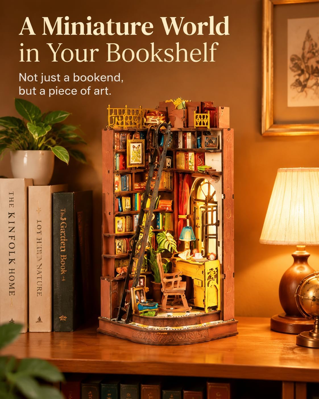 Rolife Silent Corner Study DIY book nook featuring miniature bookshelves, a library ladder, vintage desk, and glowing window in a cozy home setting.