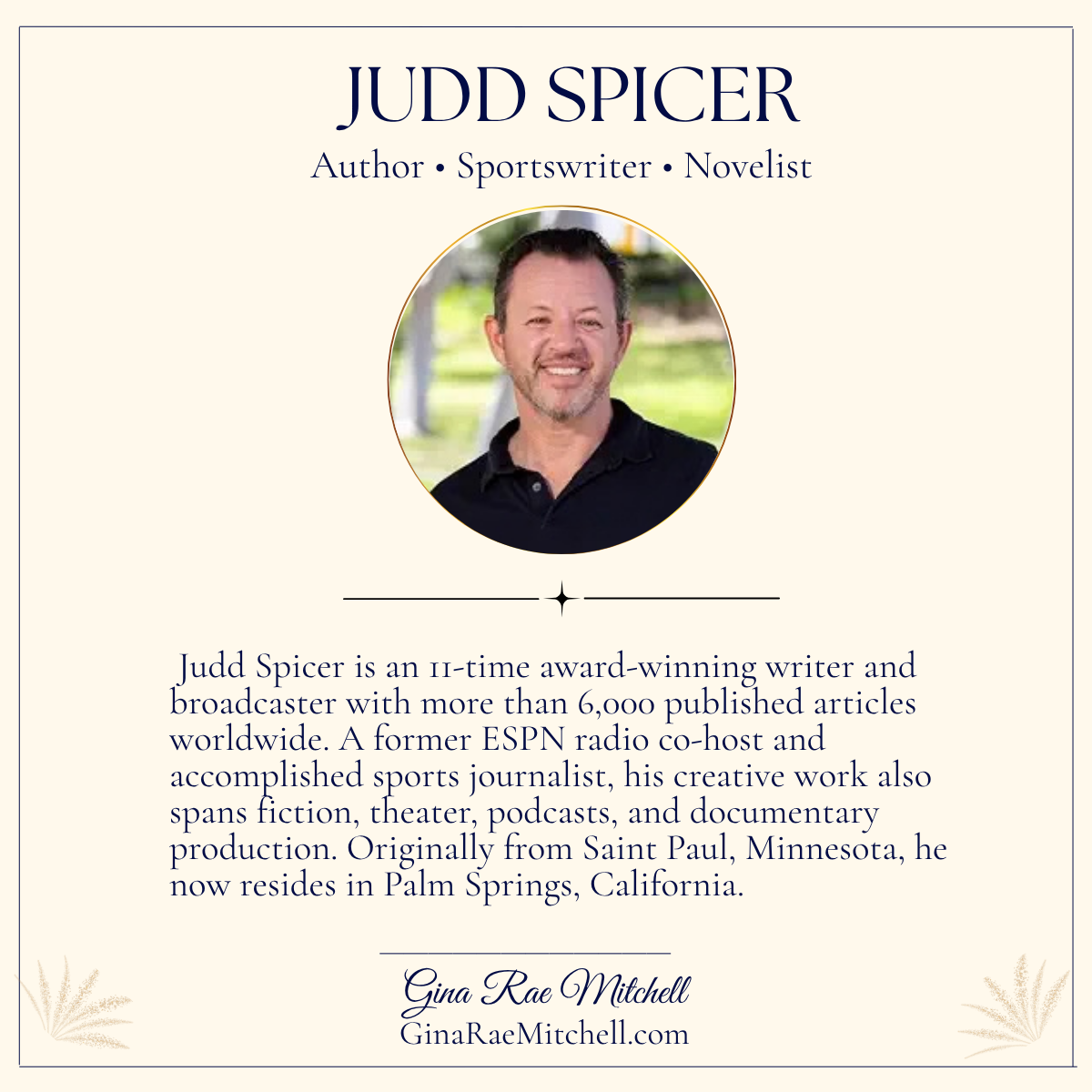 Square author card featuring Judd Spicer's portrait, professional background, and a short biography on a cream background with navy typography.