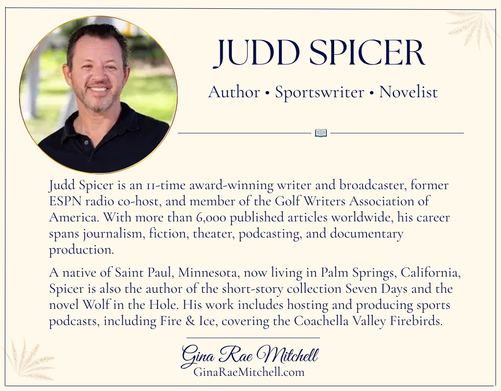 Author card featuring Judd Spicer's photograph and biography, highlighting his award-winning sports journalism, broadcasting, and fiction-writing career.