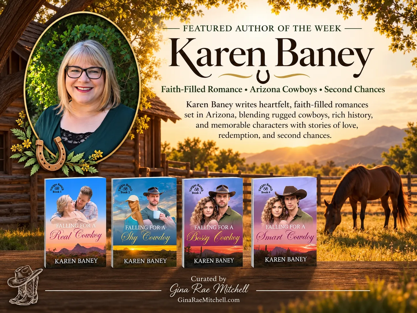 Featured Author Karen Baney with her portrait, four Vargas Ranch romance novels, and an Arizona ranch at sunset
