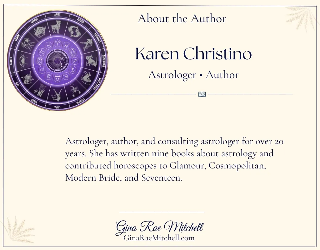 Karen Christino author biography card with a purple zodiac wheel illustration, cream background, and information about her astrology writing career.