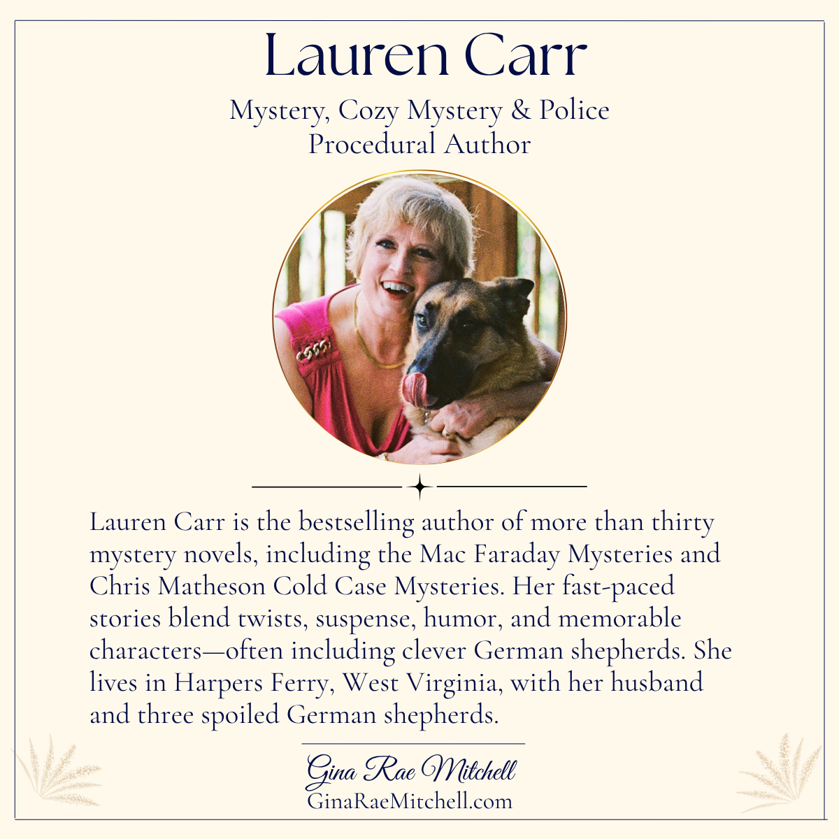 Lauren Carr author card with portrait and biography for the bestselling mystery author