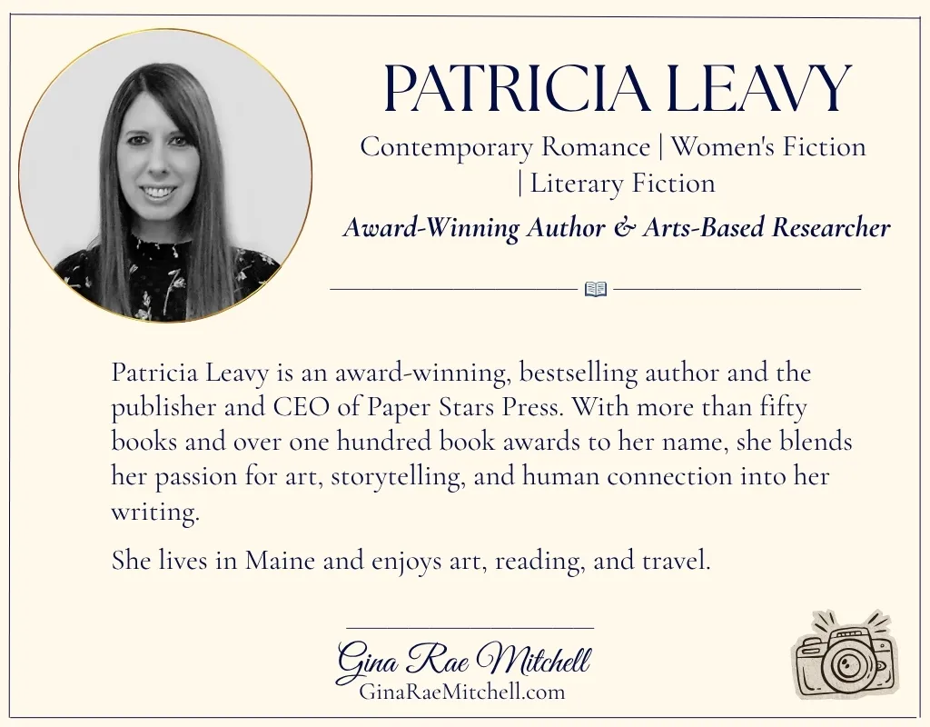 Black-and-white portrait of Patricia Leavy alongside her author biography and writing genres