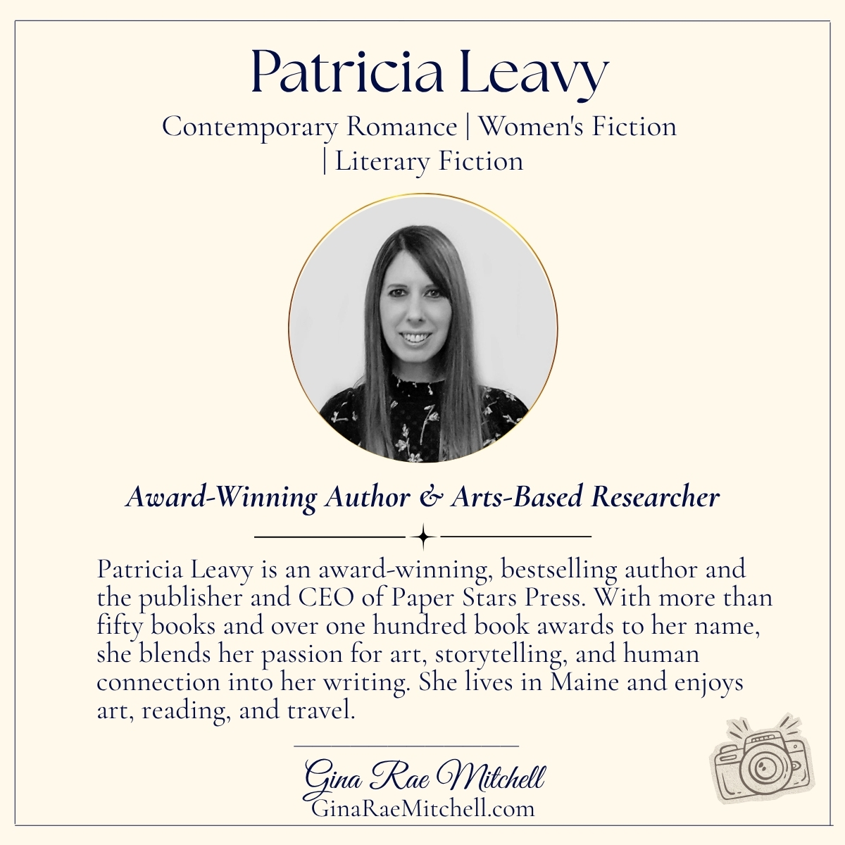 Square author card featuring Patricia Leavy's black-and-white portrait, biography, and writing genres