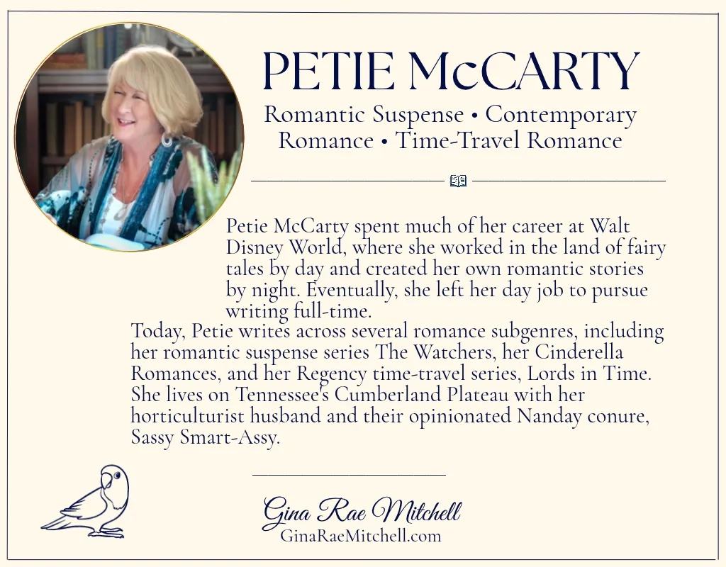 Petie McCarty author biography card with her circular portrait, cream-and-navy design, career information, and a small conure illustration.