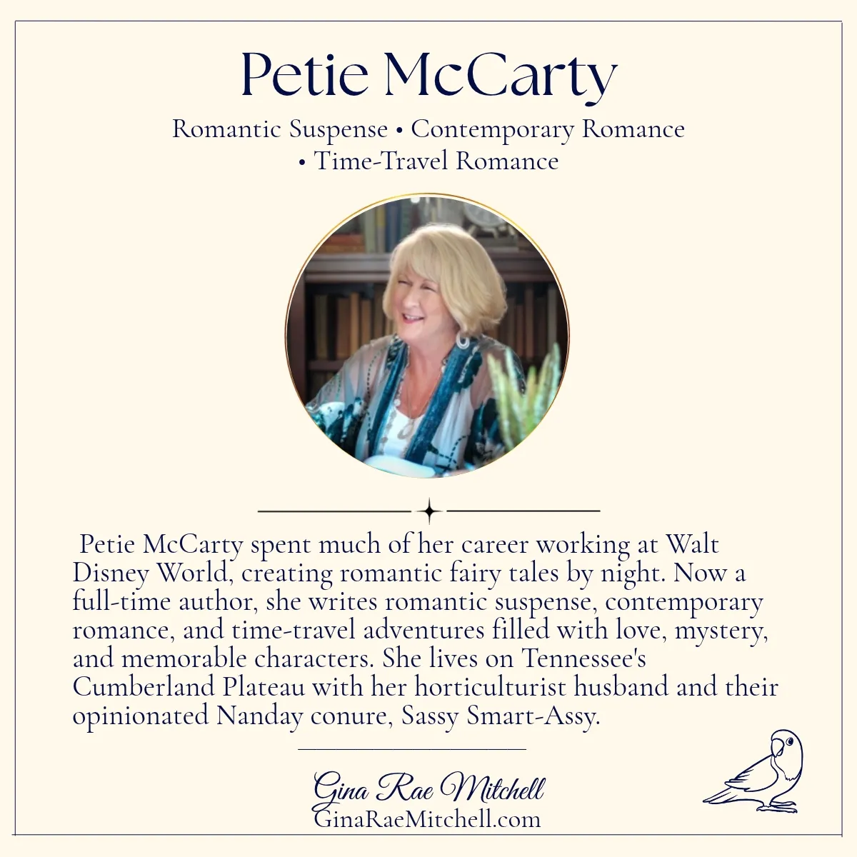 Cream-and-navy Petie McCarty author introduction card featuring her photograph, writing genres, and a short biography.