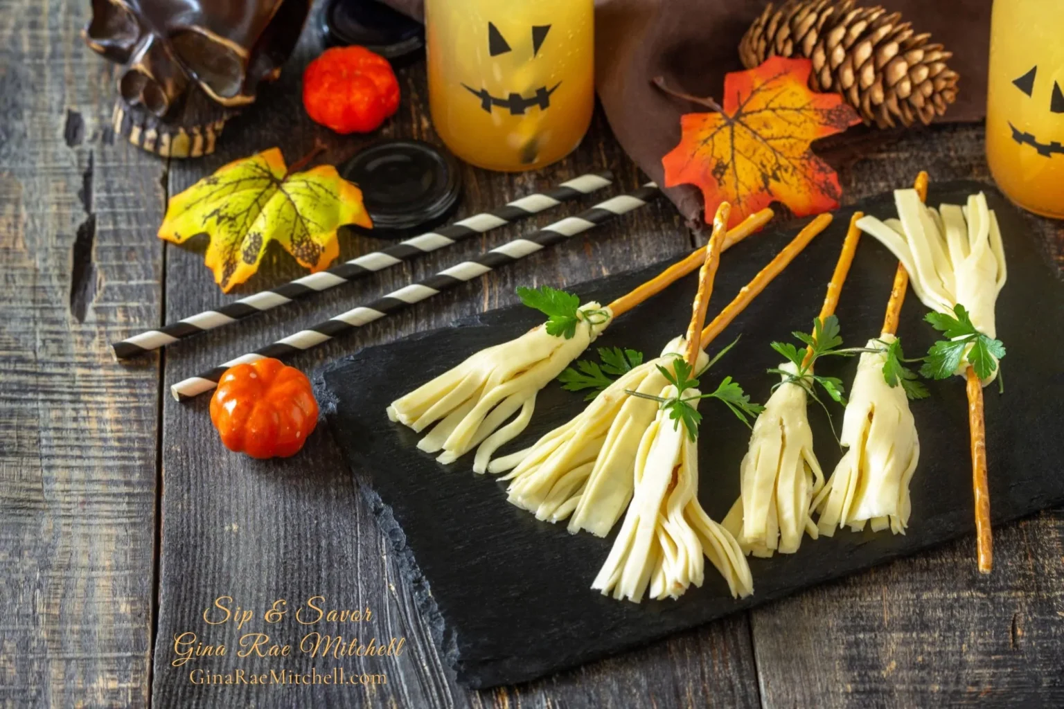 Halloween pretzel broomstick snacks made with mozzarella string cheese, pretzel sticks, and fresh chives