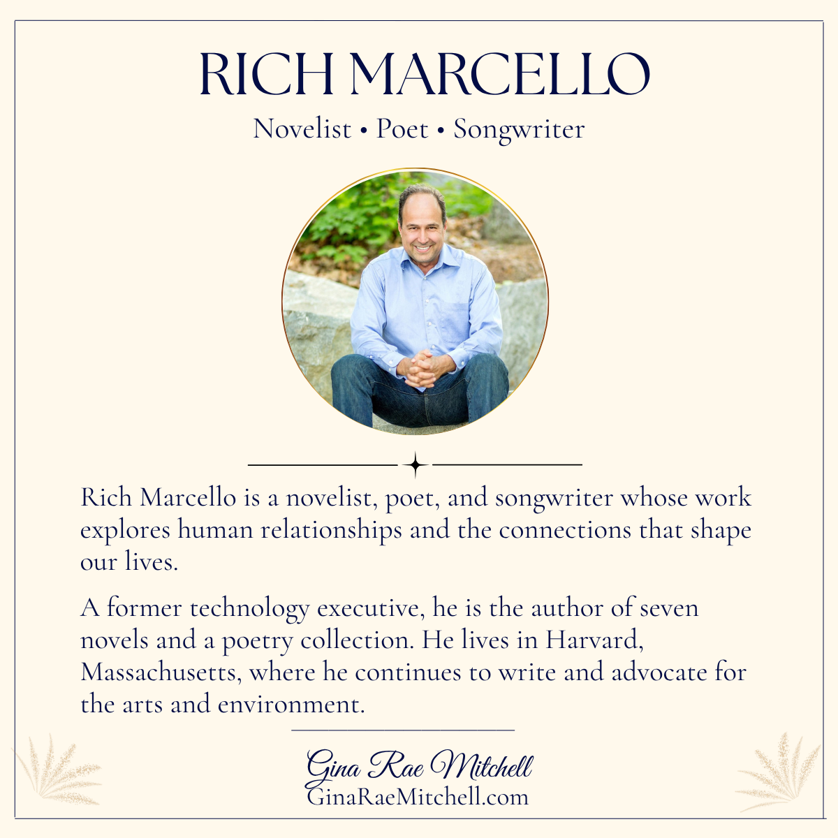 Portrait of novelist Rich Marcello with biographical details about his writing, former technology career, and environmental advocacy