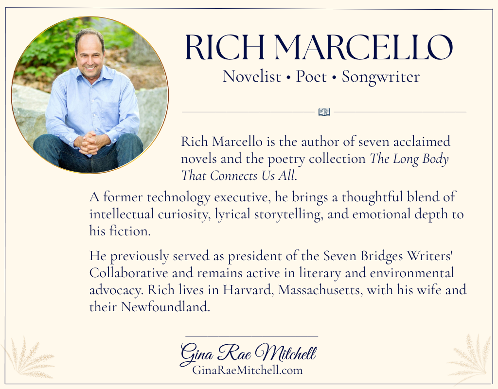 Author Rich Marcello seated outdoors beside a biography highlighting his seven novels, poetry collection, and literary advocacy