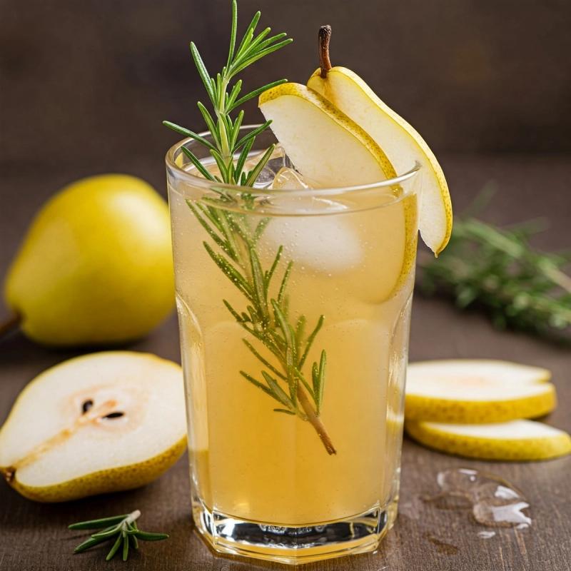 Sparkling Pear and Ginger Fizz in a tall glass garnished with ice, pear slices and a sprig of rosemary