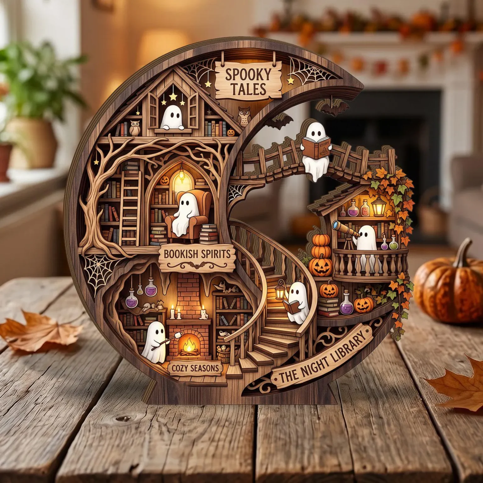 Whimsical Halloween ghost library with tiny reading ghosts, winding stairs, and miniature bookshelves on a flat wooden base