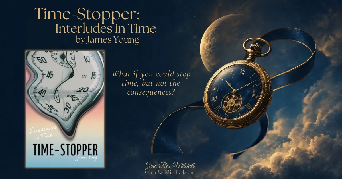 Book cover of Time-Stopper: Interludes in Time by James Young beside an antique pocket watch, with the question about stopping time and its consequences.