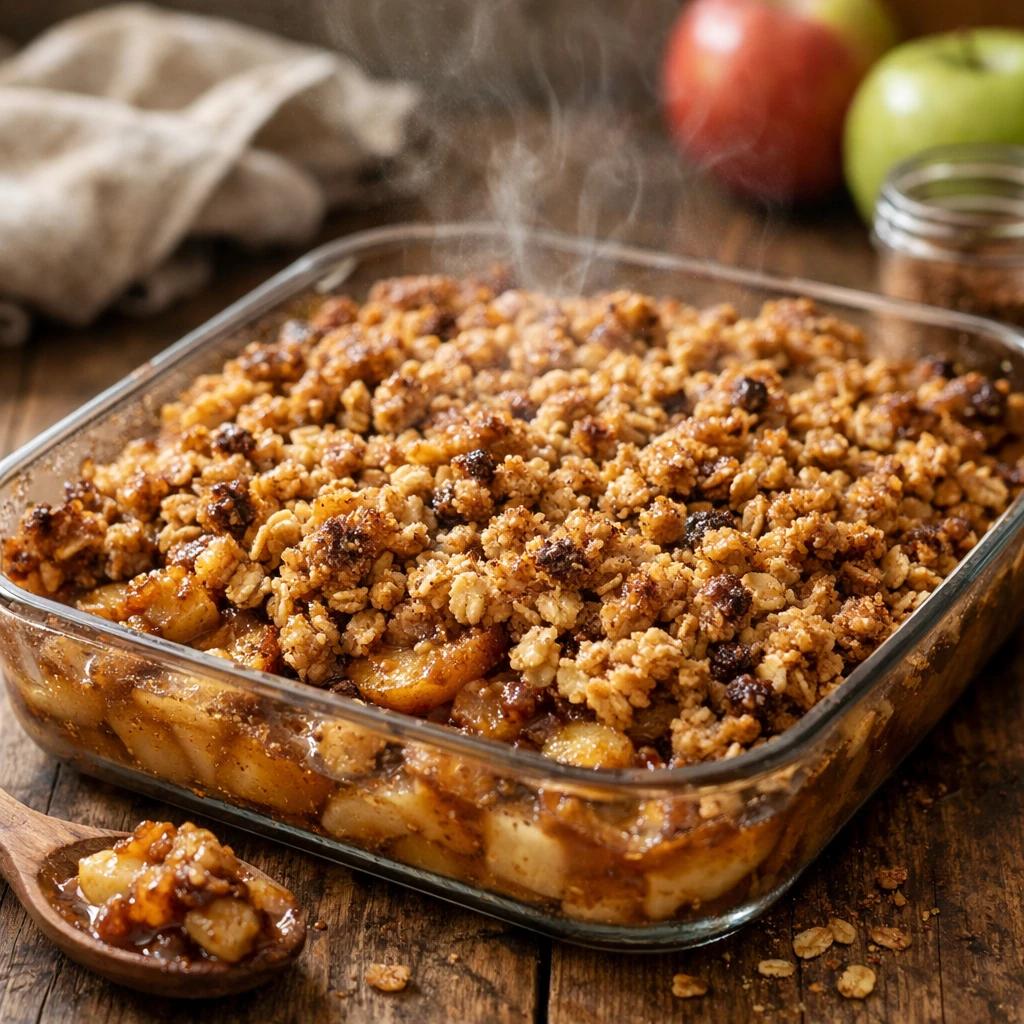 Steaming apple crisp in a clear dish on a rustic wooden table with apples and oats nearby