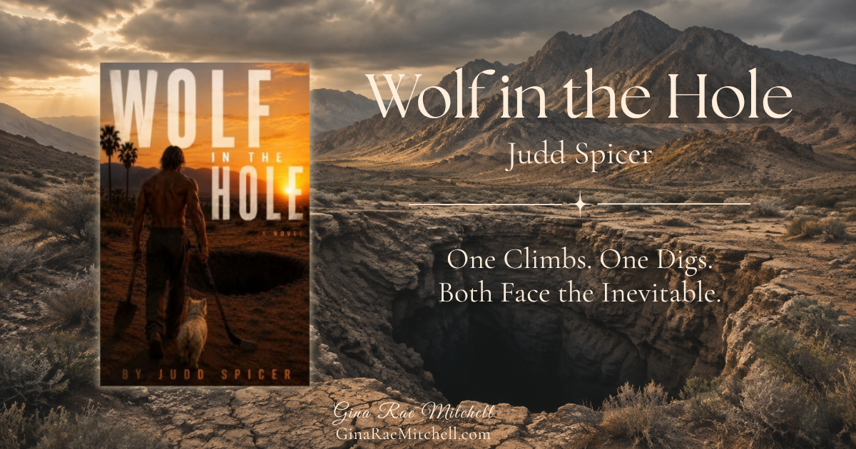 Wolf in the Hole by Judd Spicer book cover against dramatic desert mountains and a deep excavation, with the words One Climbs. One Digs. Both Face the Inevitable.