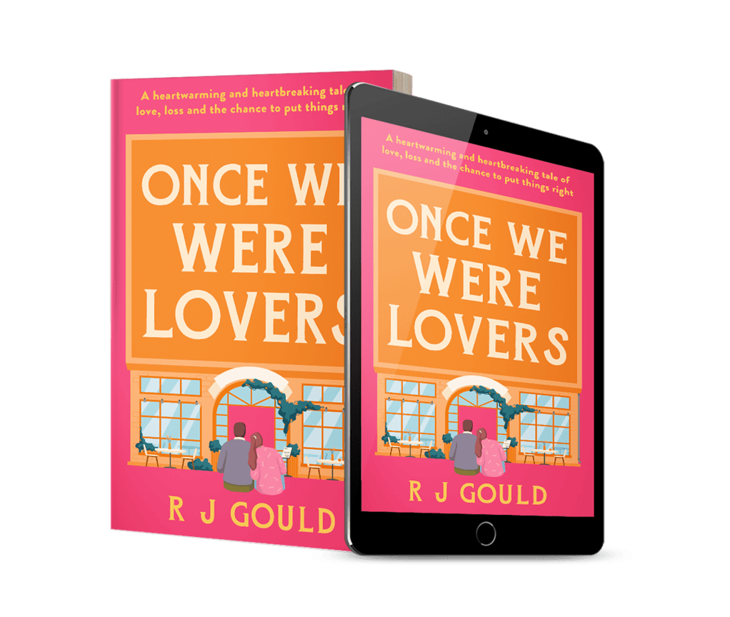 3D image of Once We Were Lovers by R.J. Gould showing both the paperback and eBook editions. The bright orange and pink cover features an illustration of a couple sitting outside The Dream Café with text reading “A heartwarming and heartbreaking tale of love, loss and the chance to put things right.” Used to promote the book review on GinaRaeMitchell.com.